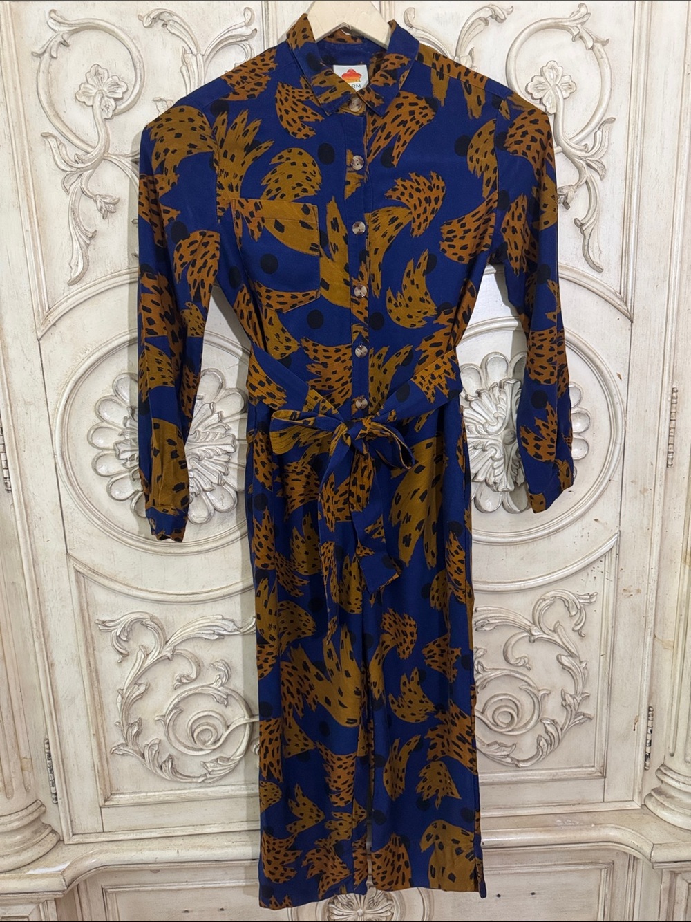 Farm Rio Banana Blue & Brown Printed Jumpsuit with Tie Waist Size Small - Picture 4 of 16